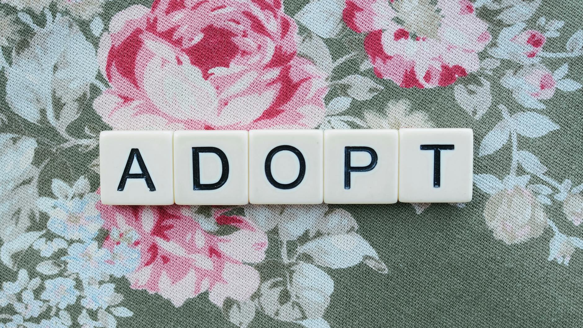 a word adopt spelled with white letter blocks on a floral textile